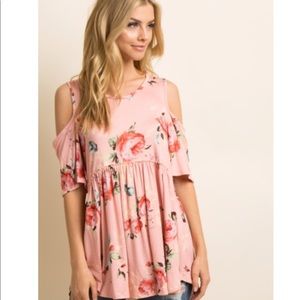 Pink floral cold shoulder top
